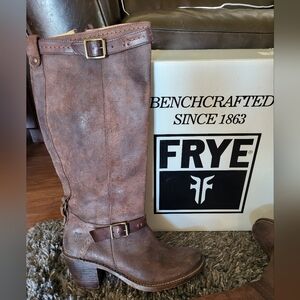 Frye Tall Leather Vintage Distressed Boots Carmen  Brown Brushed 8